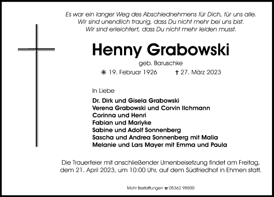 Traueranzeige von Henny Grabowski von Aller Zeitung