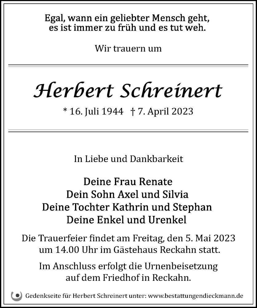  Traueranzeige für Herbert Schreinert vom 22.04.2023 aus Märkischen Allgemeine Zeitung