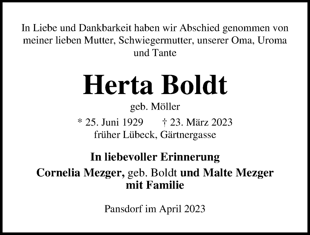  Traueranzeige für Herta Boldt vom 02.04.2023 aus Lübecker Nachrichten