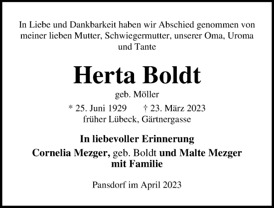 Traueranzeige von Herta Boldt von Lübecker Nachrichten