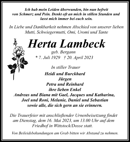 Traueranzeige von Herta Lambeck von Märkischen Allgemeine Zeitung