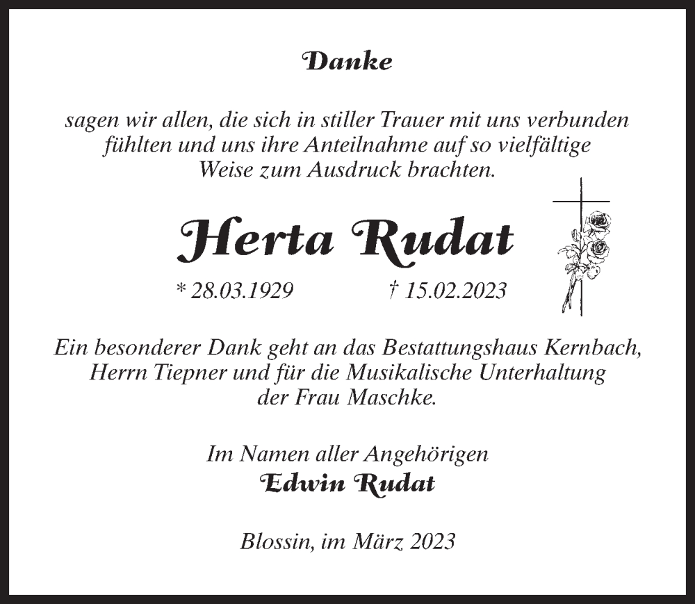  Traueranzeige für Herta Rudat vom 01.04.2023 aus Märkischen Allgemeine Zeitung