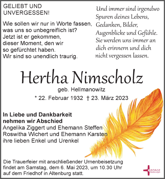 Traueranzeige von Hertha Nimscholz von Leipziger Volkszeitung