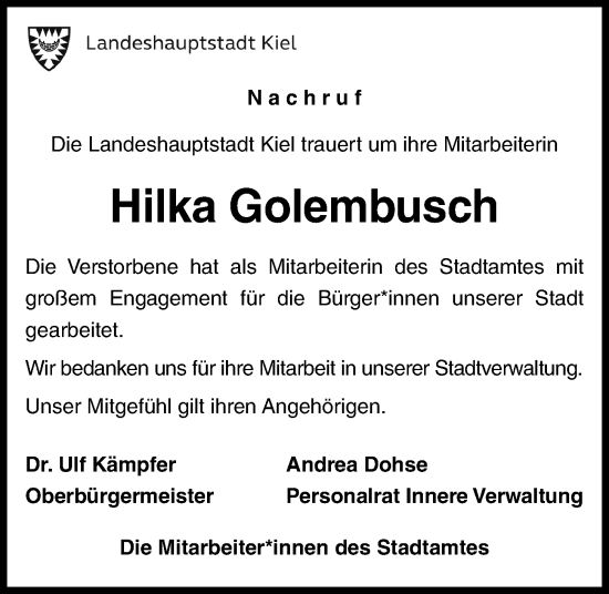 Traueranzeige von Hilka Golembusch von Kieler Nachrichten