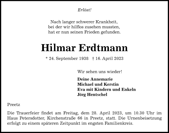 Traueranzeige von Hilmar Erdtmann von Kieler Nachrichten