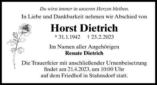 Traueranzeige von Horst Dietrich von Märkischen Allgemeine Zeitung