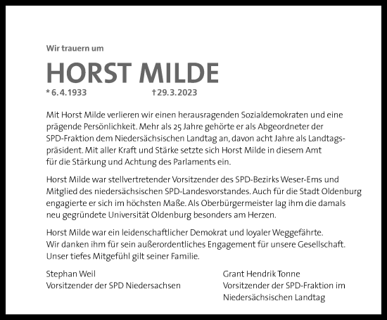 Traueranzeige von Horst Milde von Hannoversche Allgemeine Zeitung/Neue Presse