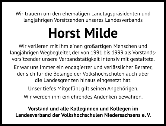 Traueranzeige von Horst Milde von Hannoversche Allgemeine Zeitung/Neue Presse