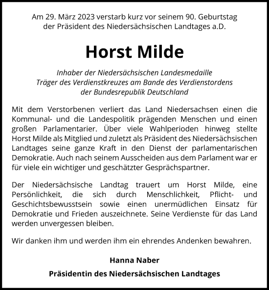 Traueranzeige von Horst Milde von Hannoversche Allgemeine Zeitung/Neue Presse