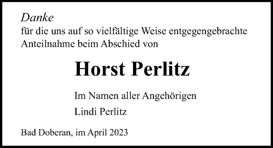 Traueranzeige von Horst Perlitz von Ostsee-Zeitung GmbH