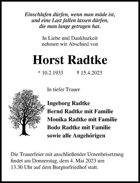 Traueranzeige von Horst Radtke von Lübecker Nachrichten