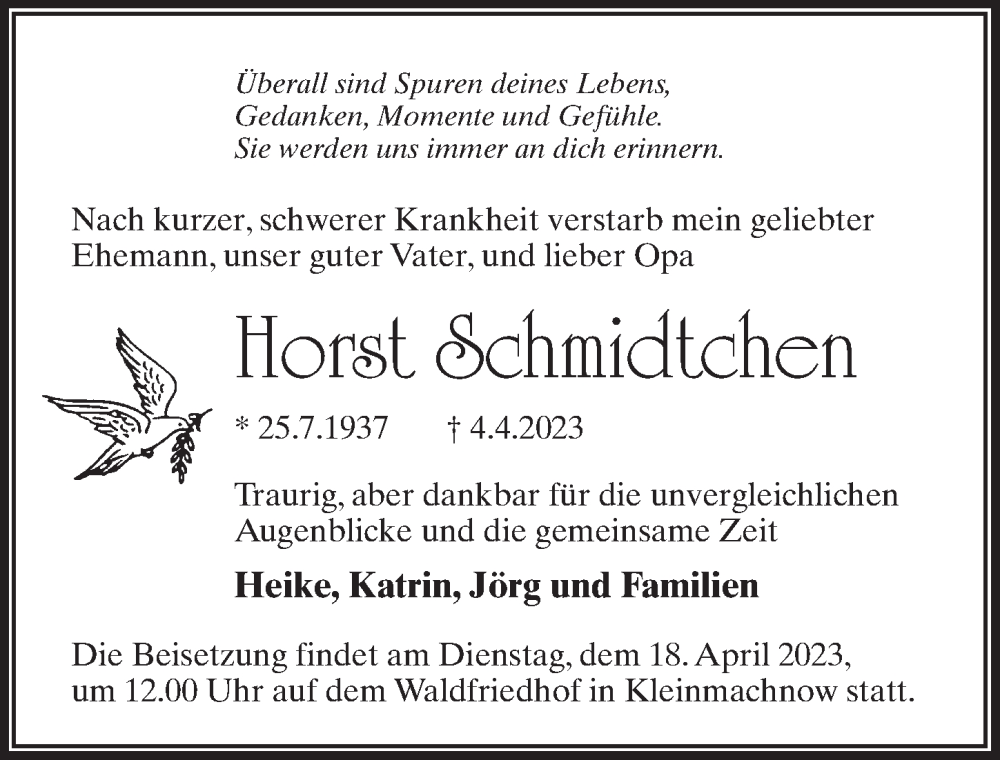  Traueranzeige für Horst Schmidtchen vom 15.04.2023 aus Märkischen Allgemeine Zeitung