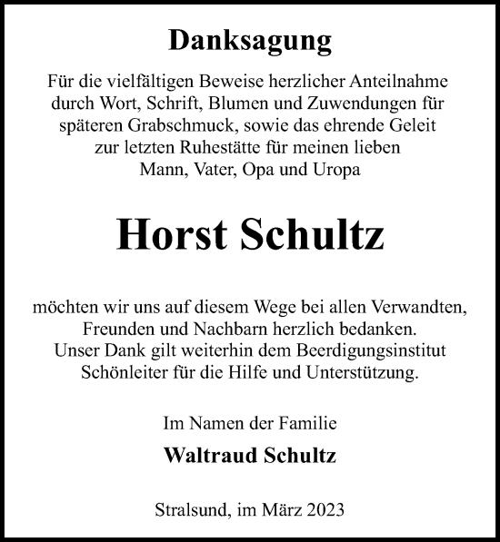 Traueranzeige von Horst Schultz von Ostsee-Zeitung GmbH