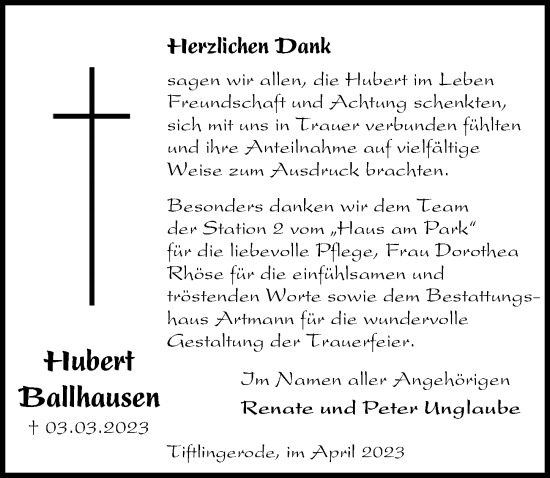 Traueranzeige von Hubert Ballhausen von Eichsfelder Tageblatt