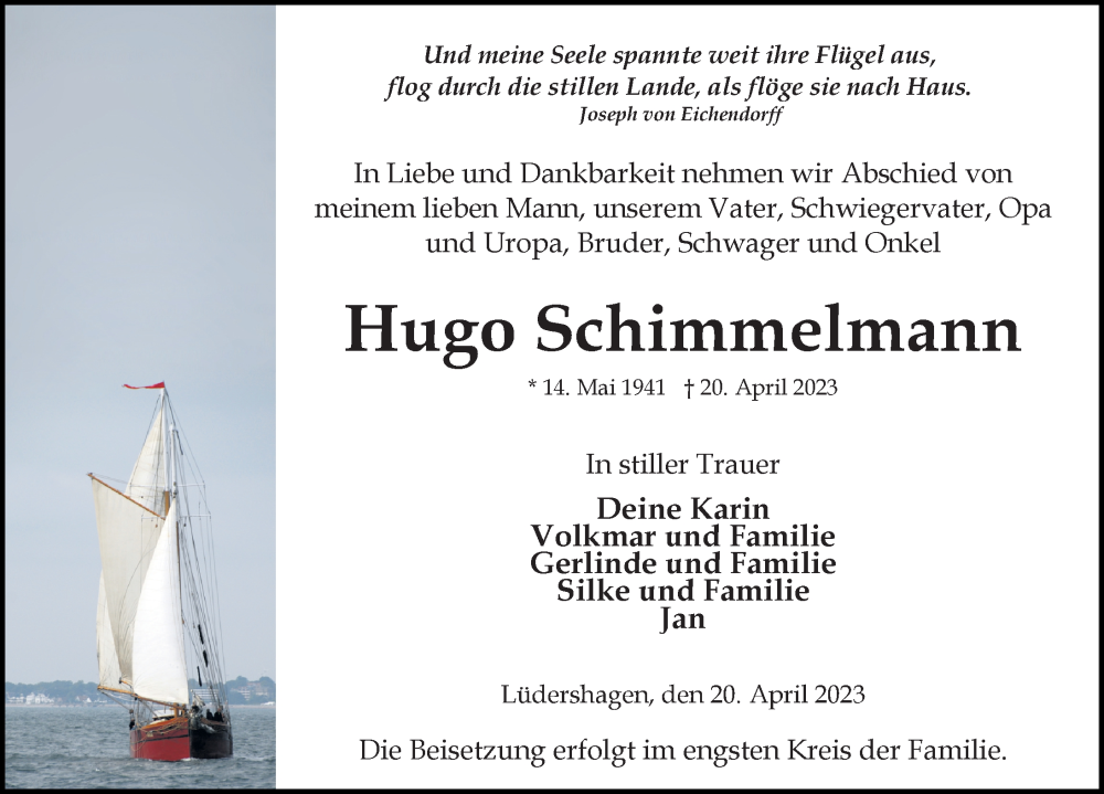  Traueranzeige für Hugo Schimmelmann vom 29.04.2023 aus Ostsee-Zeitung GmbH