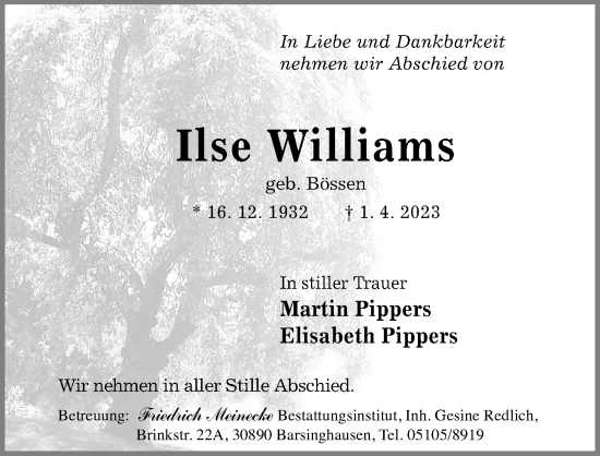 Traueranzeige von Ilse Williams von Hannoversche Allgemeine Zeitung/Neue Presse