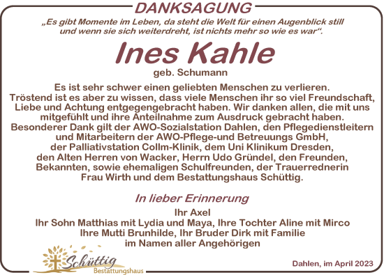 Traueranzeige von Ines Kahle von Leipziger Volkszeitung