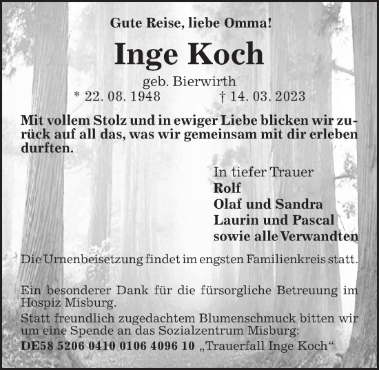Traueranzeige von Inge Koch von Hannoversche Allgemeine Zeitung/Neue Presse