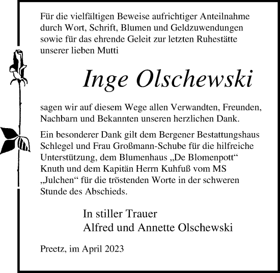 Traueranzeige von Inge Olschewski von Ostsee-Zeitung GmbH
