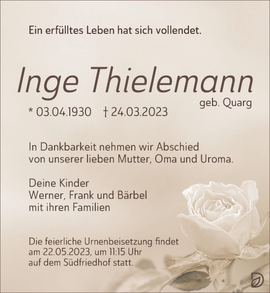 Traueranzeige von Inge Thielemann von Leipziger Volkszeitung