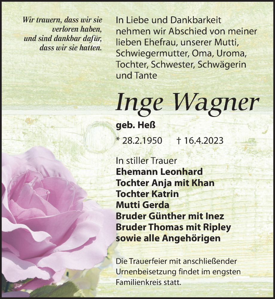  Traueranzeige für Inge Wagner vom 29.04.2023 aus Leipziger Volkszeitung