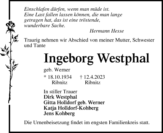 Traueranzeige von Ingeborg Westphal von Ostsee-Zeitung GmbH