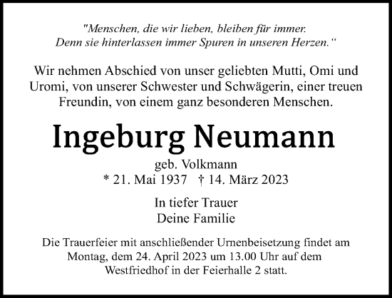Traueranzeige von Ingeburg Neumann von Ostsee-Zeitung GmbH