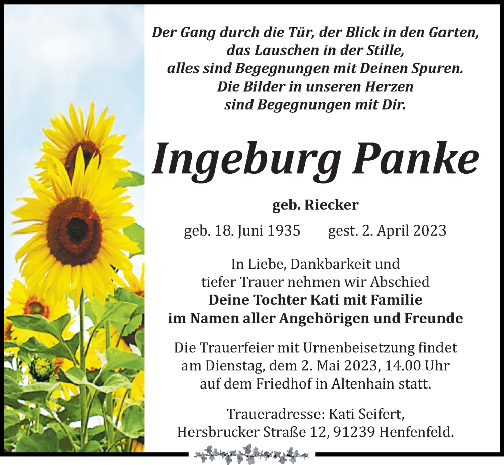  Traueranzeige für Ingeburg Panke vom 15.04.2023 aus Leipziger Volkszeitung