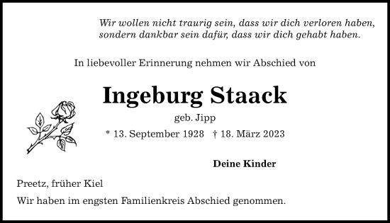 Traueranzeige von Ingeburg Staack von Kieler Nachrichten