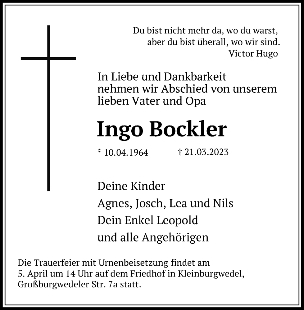  Traueranzeige für Ingo Bockler vom 01.04.2023 aus Hannoversche Allgemeine Zeitung/Neue Presse