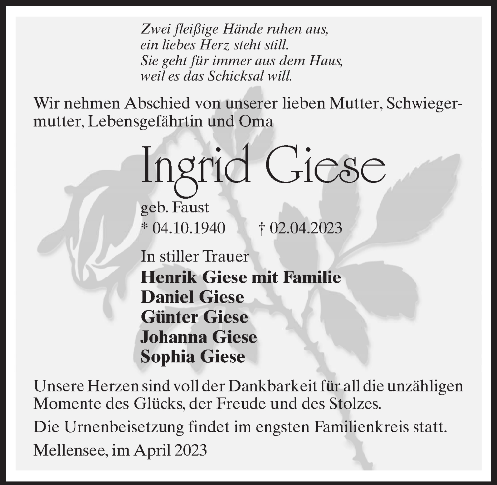  Traueranzeige für Ingrid Giese vom 15.04.2023 aus Märkischen Allgemeine Zeitung