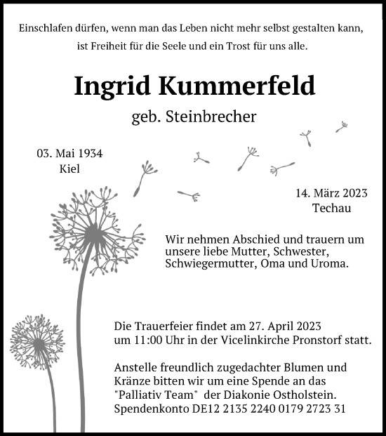 Traueranzeige von Ingrid Kummerfeld von Lübecker Nachrichten