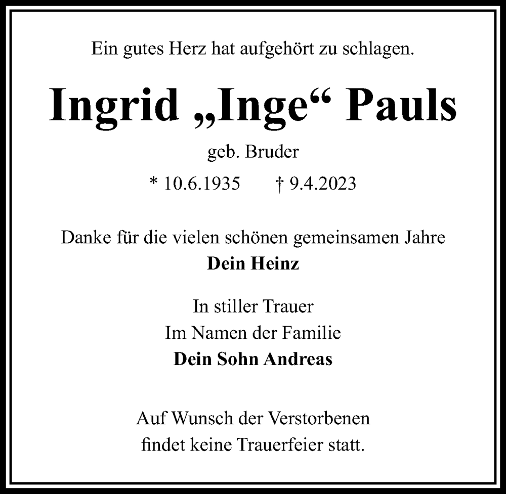  Traueranzeige für Ingrid Pauls vom 16.04.2023 aus Lübecker Nachrichten