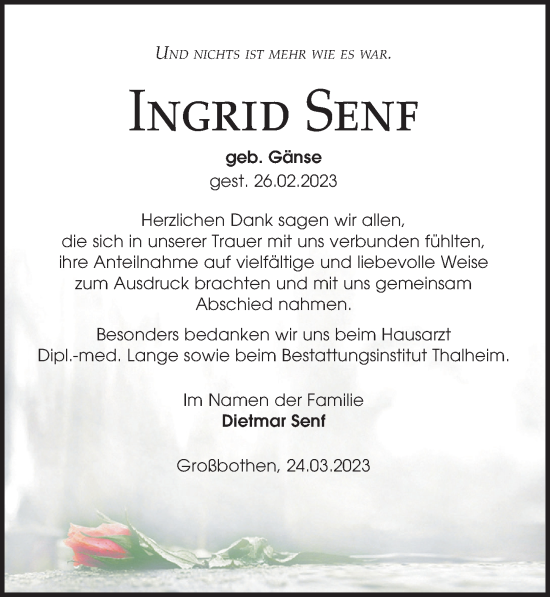 Traueranzeige von Ingrid Senf von Leipziger Volkszeitung
