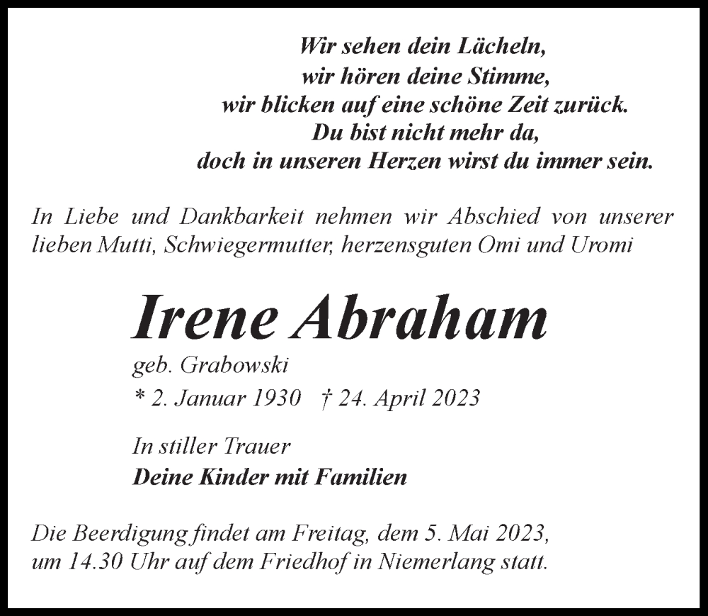  Traueranzeige für Irene Abraham vom 29.04.2023 aus Märkischen Allgemeine Zeitung