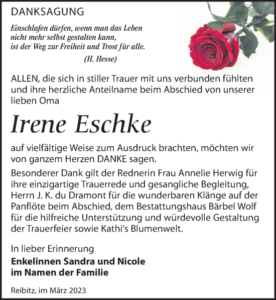Traueranzeige von Irene Eschke von Leipziger Volkszeitung