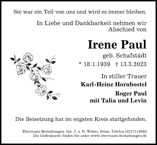 Traueranzeige von Irene Paul von Peiner Allgemeine Zeitung