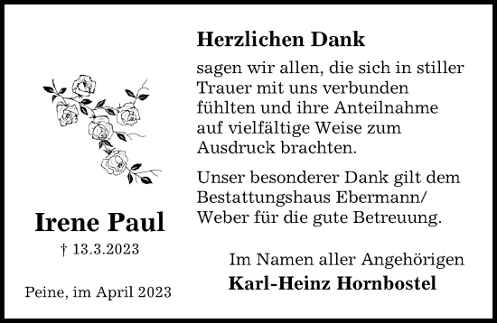 Traueranzeige von Irene Paul von Peiner Allgemeine Zeitung