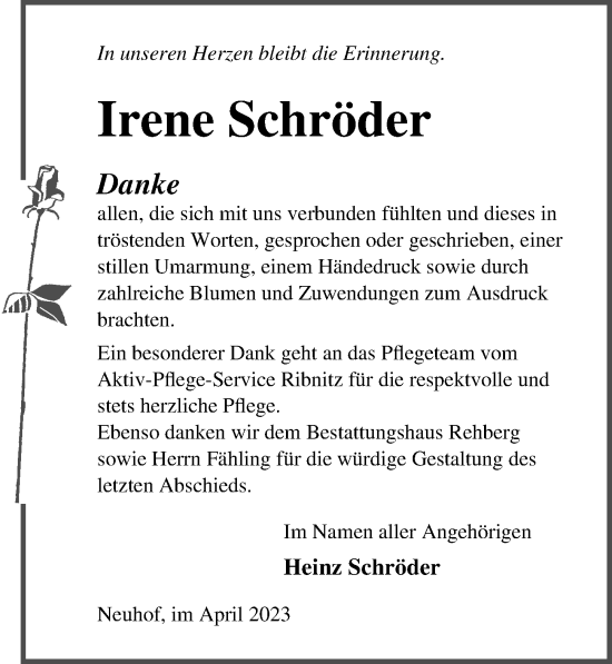 Traueranzeige von Irene Schröder von Ostsee-Zeitung GmbH