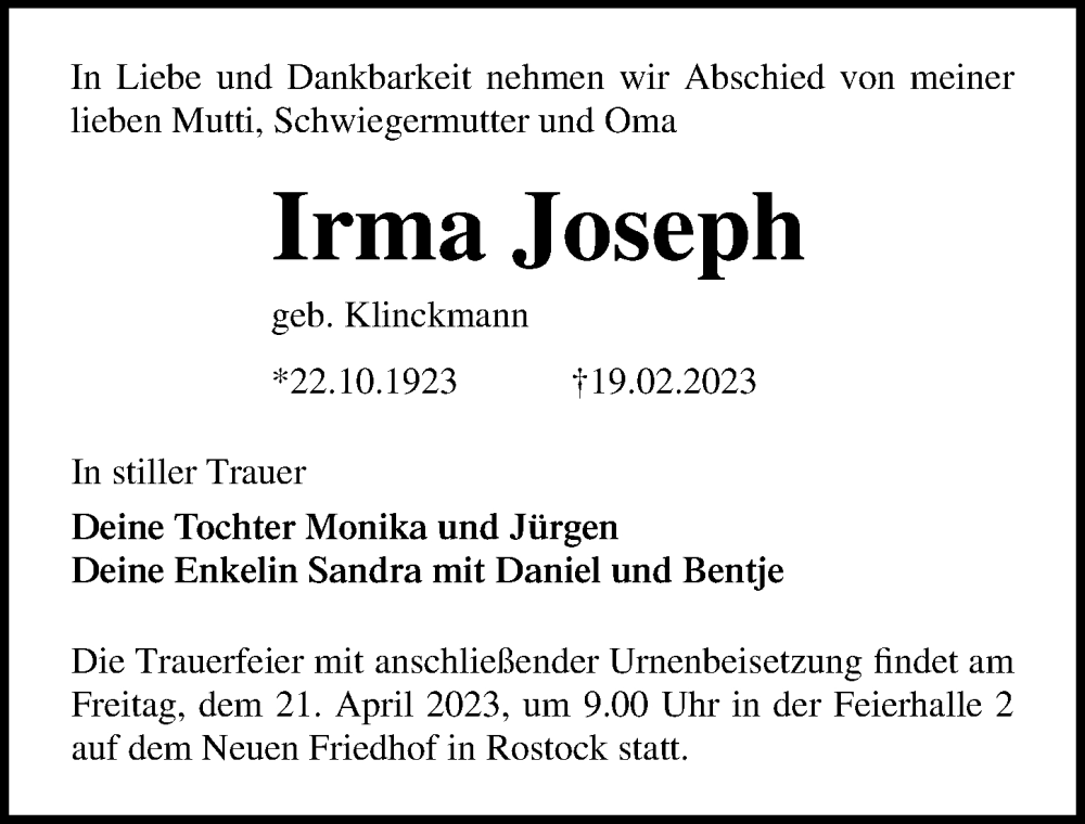  Traueranzeige für Irma Joseph vom 08.04.2023 aus Ostsee-Zeitung GmbH