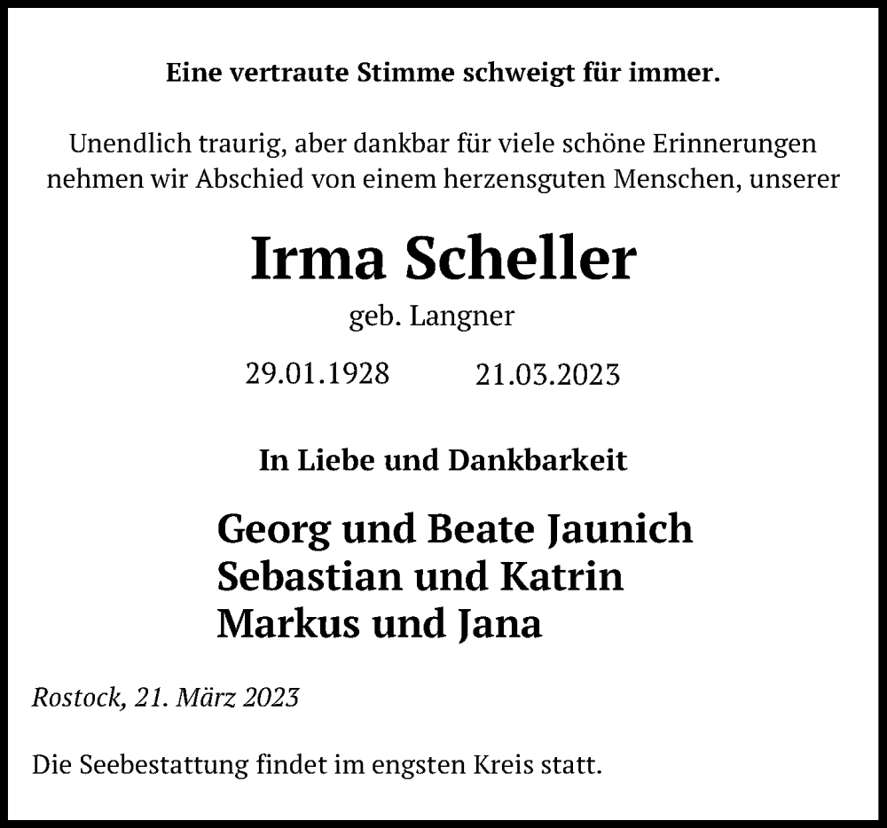  Traueranzeige für Irma Scheller vom 01.04.2023 aus Ostsee-Zeitung GmbH