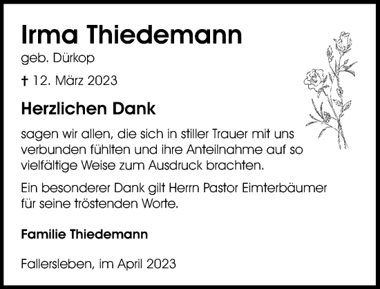 Traueranzeige von Irma Thiedemann von Aller Zeitung