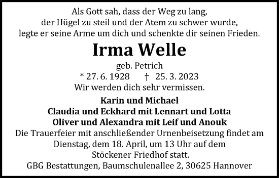 Traueranzeige von Irma Welle von Hannoversche Allgemeine Zeitung/Neue Presse