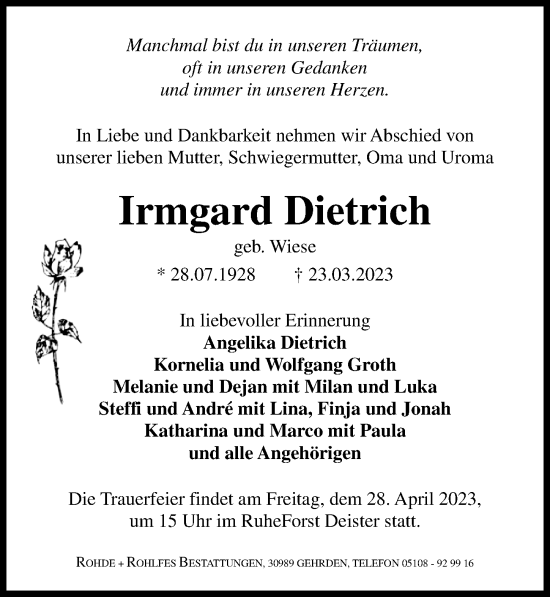 Traueranzeige von Irmgard Dietrich von Hannoversche Allgemeine Zeitung/Neue Presse
