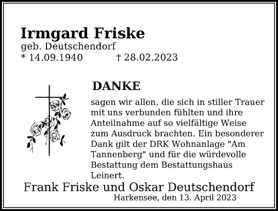 Traueranzeige von Irmgard Friske von Ostsee-Zeitung GmbH