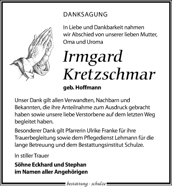 Traueranzeige von Irmgard Kretzschmar von Leipziger Volkszeitung