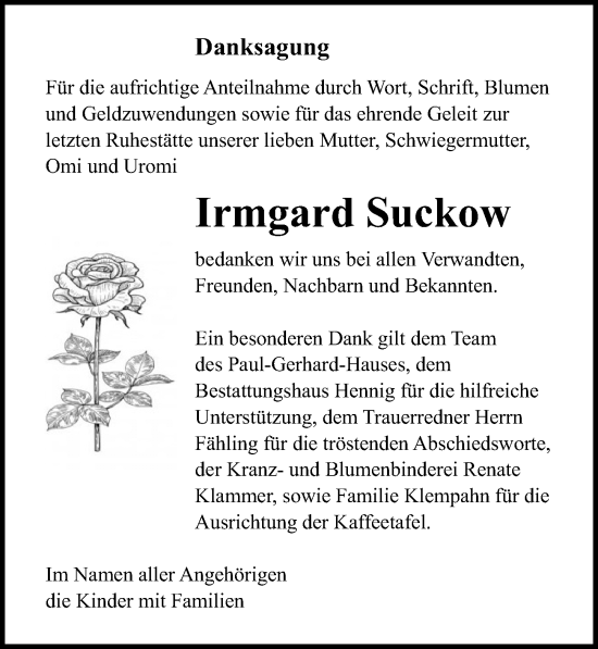 Traueranzeige von Irmgard Suckow von Ostsee-Zeitung GmbH