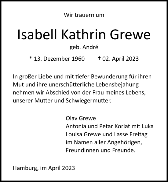 Traueranzeige von Isabell Kathrin Grewe von Lübecker Nachrichten