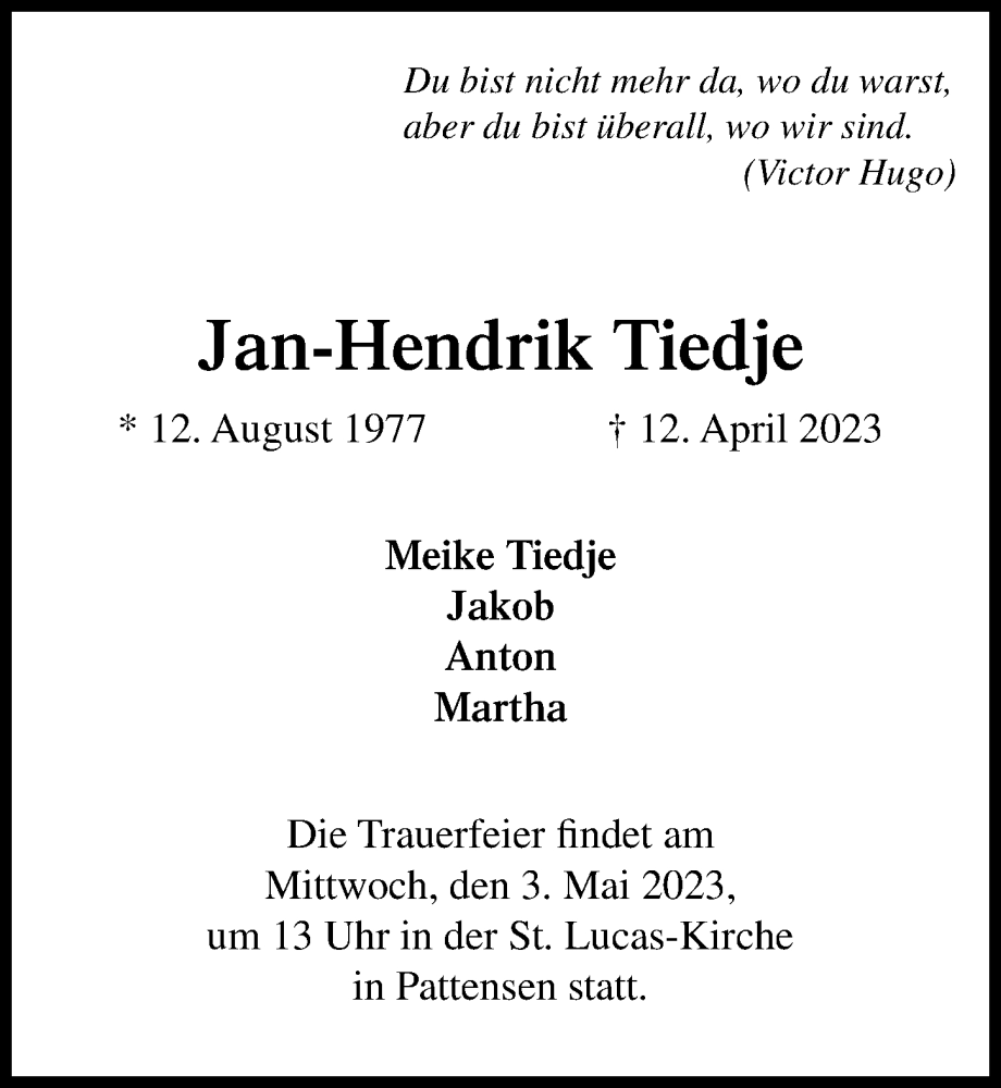  Traueranzeige für Jan-Hendrik Tiedje vom 29.04.2023 aus Hannoversche Allgemeine Zeitung/Neue Presse