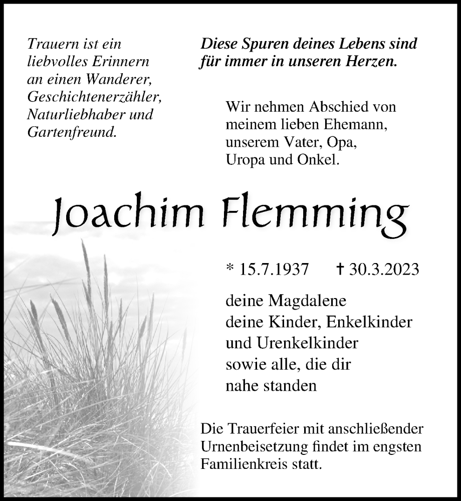 Traueranzeige für Joachim Flemming vom 15.04.2023 aus Ostsee-Zeitung GmbH